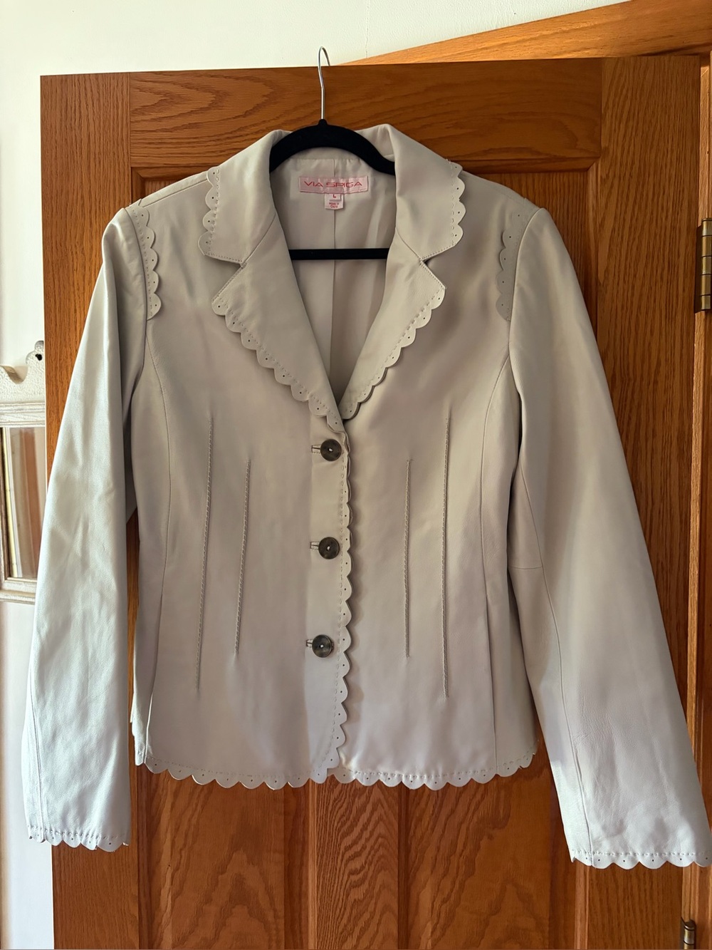 Via Spiga Cream Scalloped-Edge Pleather Jacket